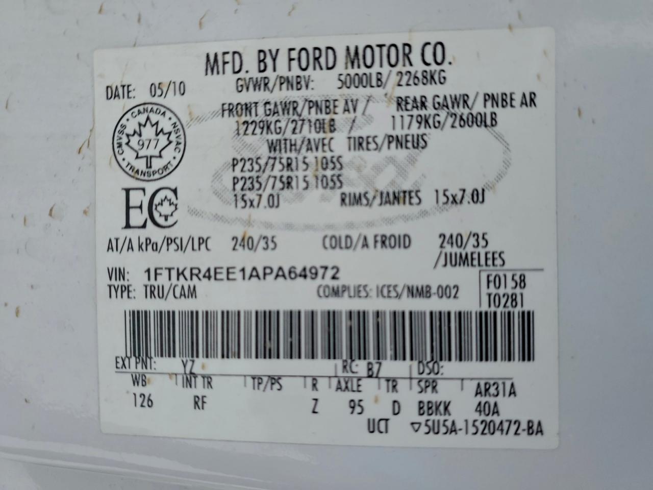 2010 Ford Ranger Super Cab VIN: 1FTKR4EE1APA64972 Lot: 97089085