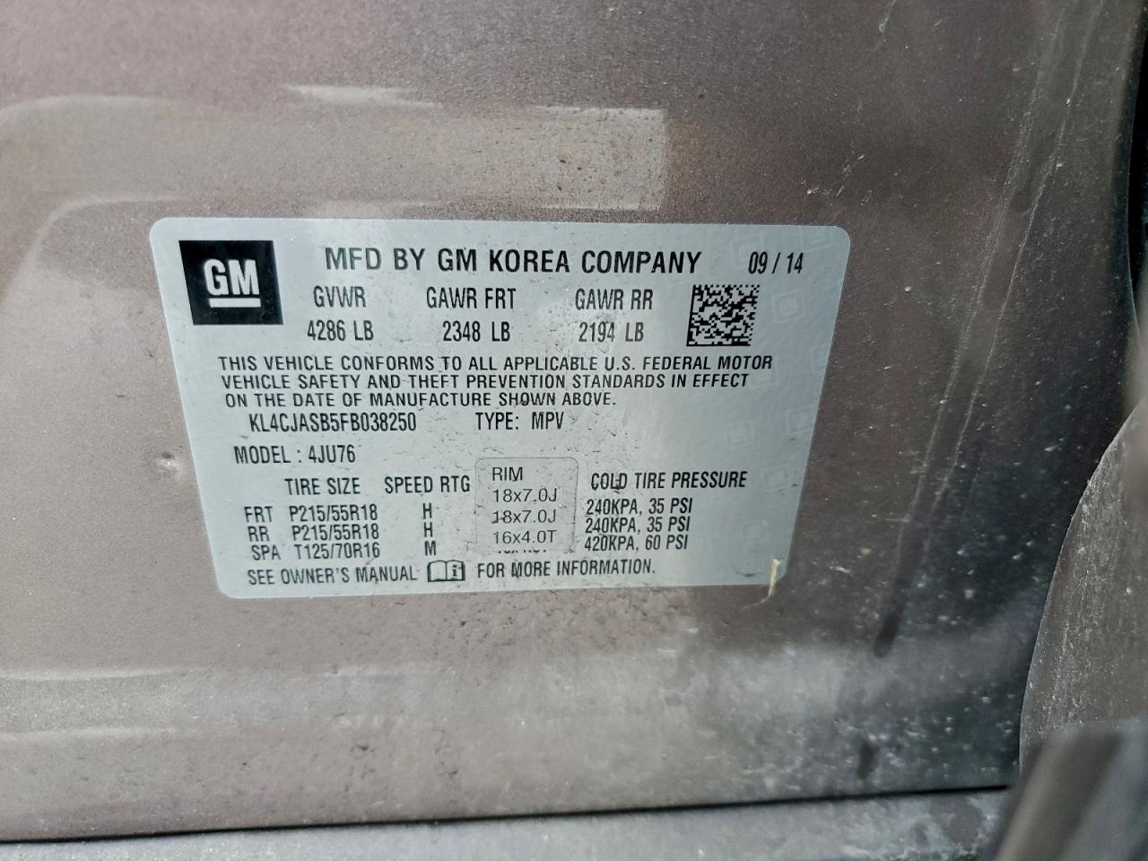 2015 Buick Encore VIN: KL4CJASB5FB038250 Lot: 94971615