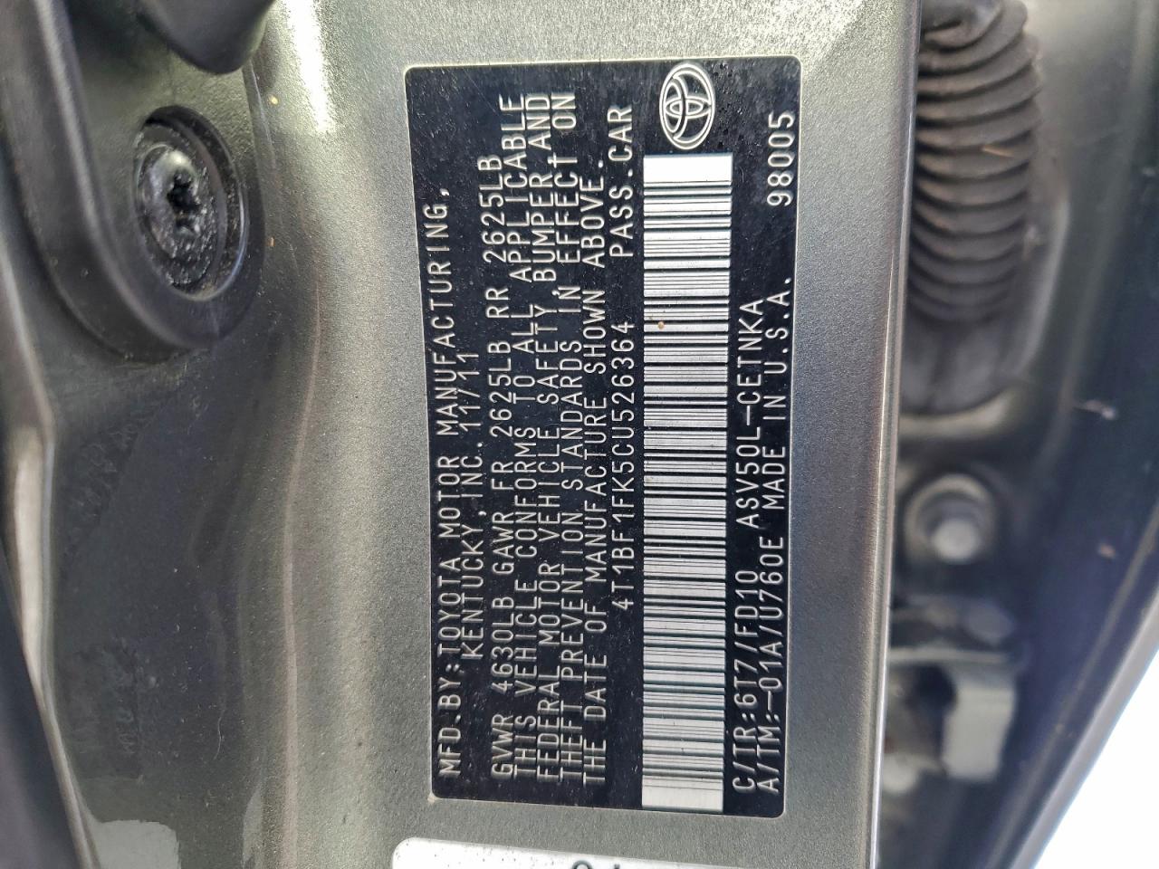 2012 Toyota Camry Base VIN: 4T1BF1FK5CU526364 Lot: 94767435