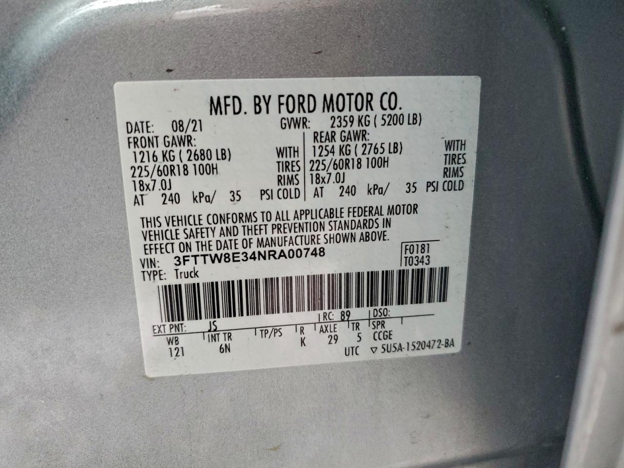 2022 Ford Maverick Xl VIN: 3FTTW8E34NRA00748 Lot: 95189755