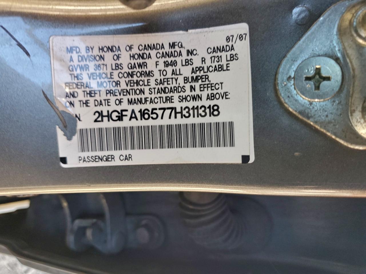 2007 Honda Civic Lx VIN: 2HGFA16577H311318 Lot: 95980205