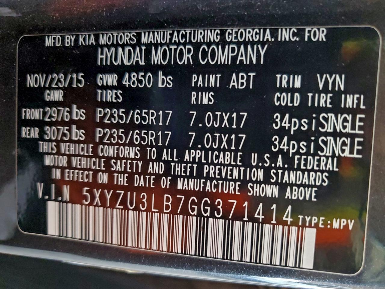 2016 Hyundai Santa Fe Sport VIN: 5XYZU3LB7GG371414 Lot: 96595515