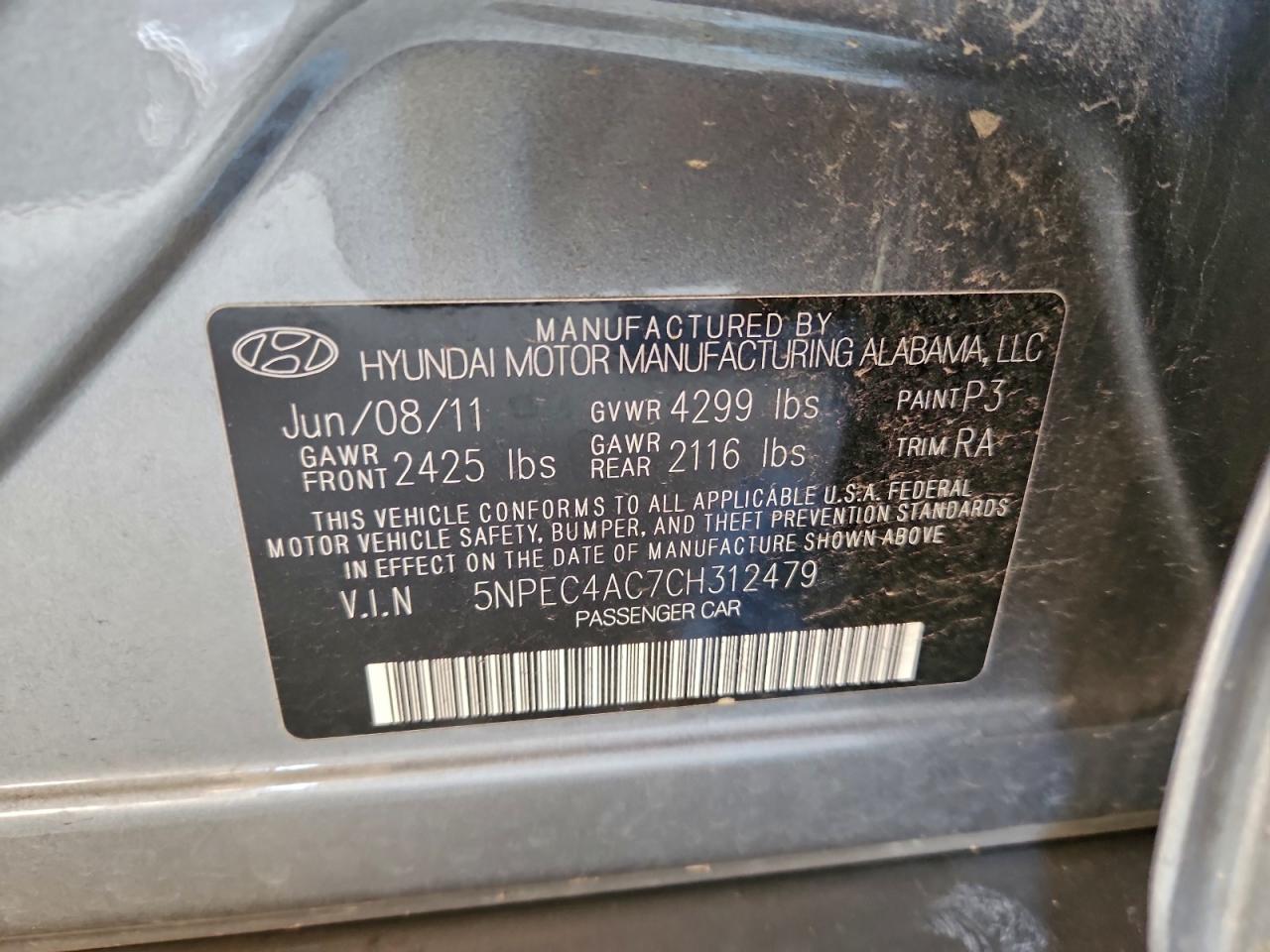 2012 Hyundai Sonata Se VIN: 5NPEC4AC7CH312479 Lot: 97431295