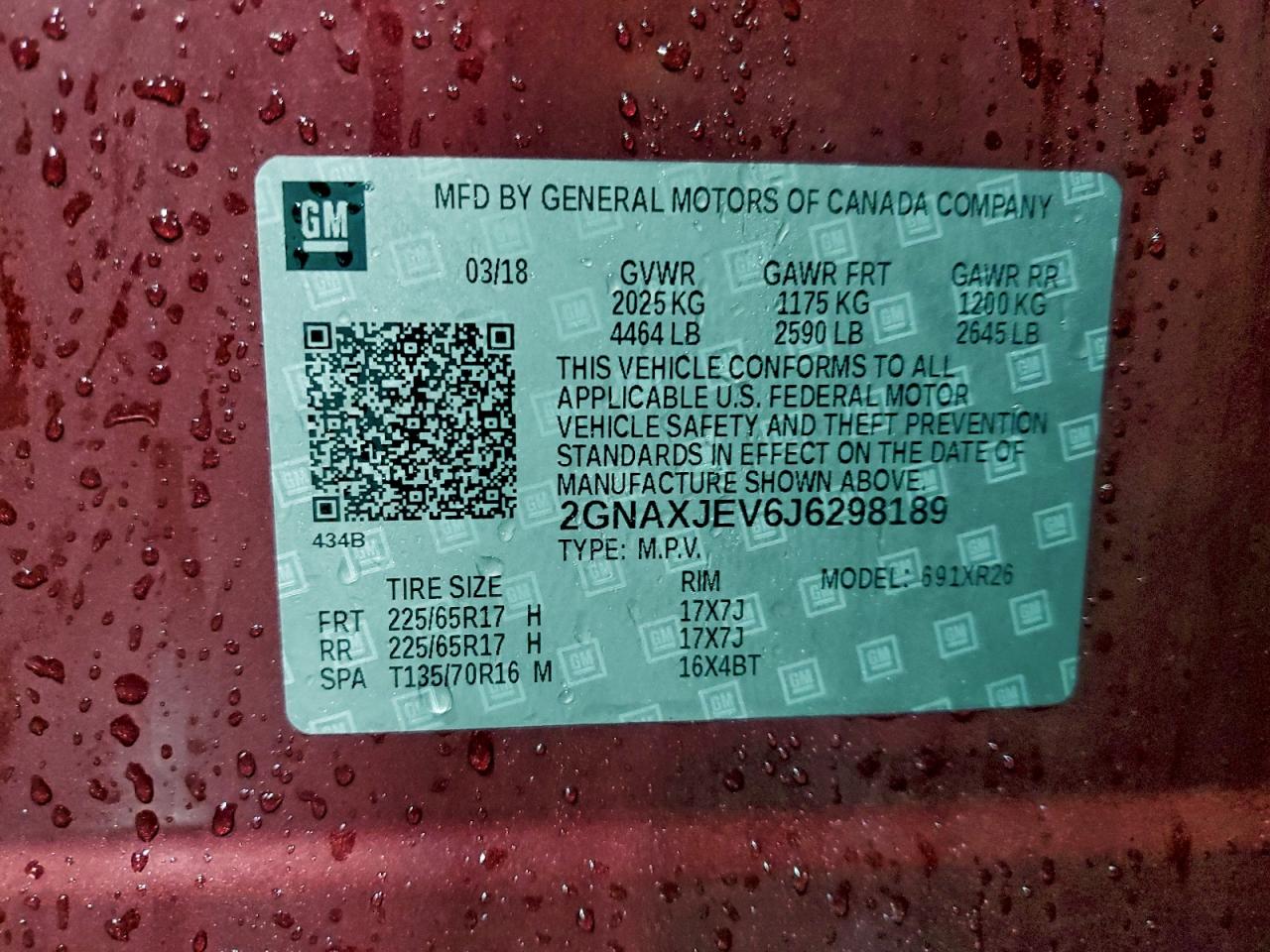 2018 Chevrolet Equinox Lt VIN: 2GNAXJEV6J6298189 Lot: 95162055