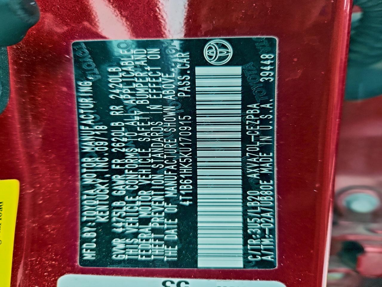 2019 Toyota Camry Xse VIN: 4T1B61HK5KU170915 Lot: 94142845