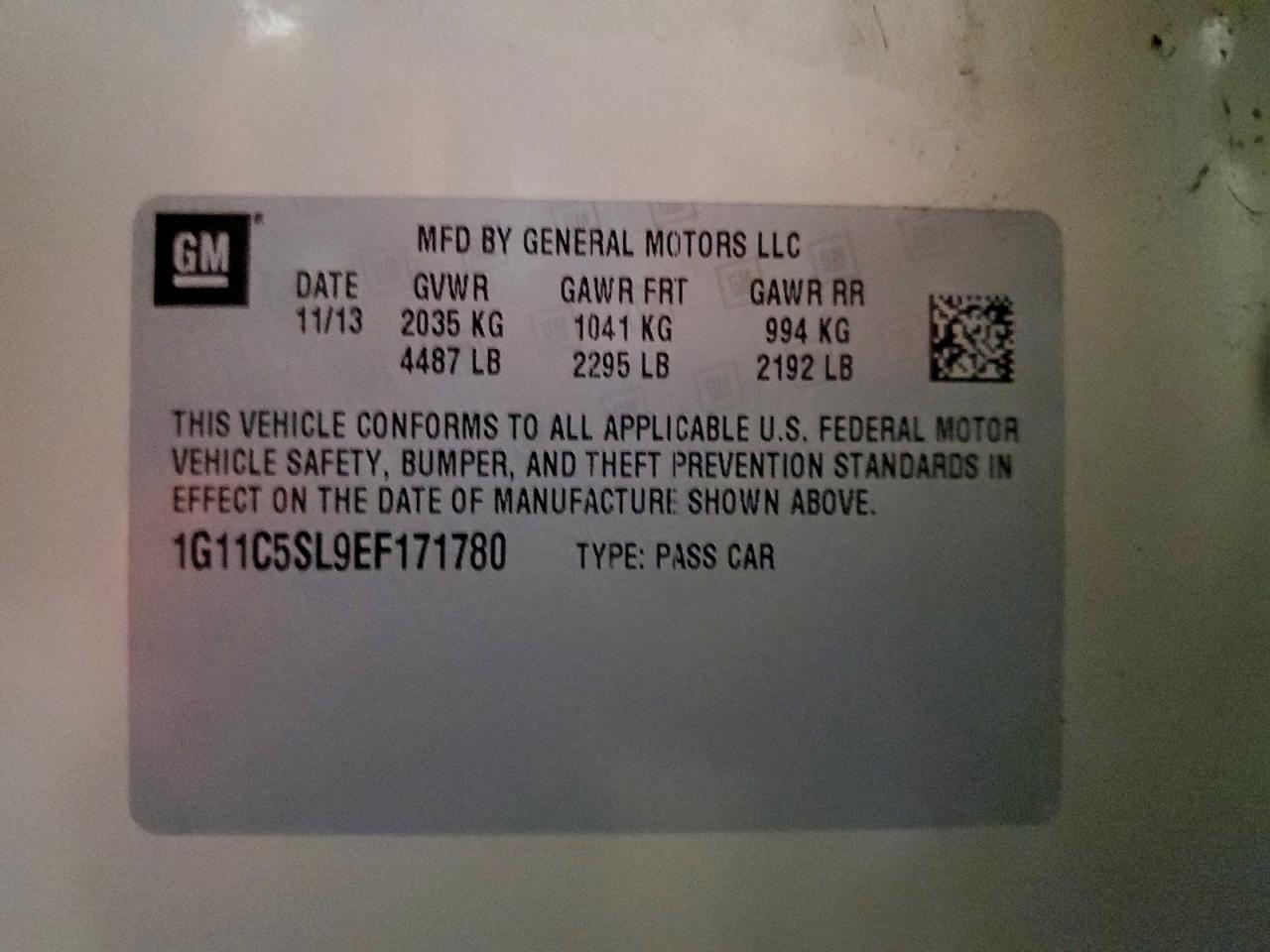 2014 Chevrolet Malibu 1Lt VIN: 1G11C5SL9EF171780 Lot: 95132225