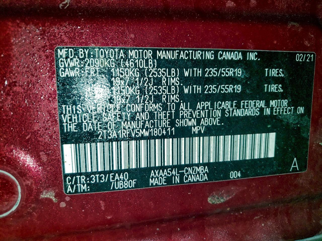 2021 Toyota Rav4 Xle Premium VIN: 2T3A1RFV5MW180411 Lot: 96120485