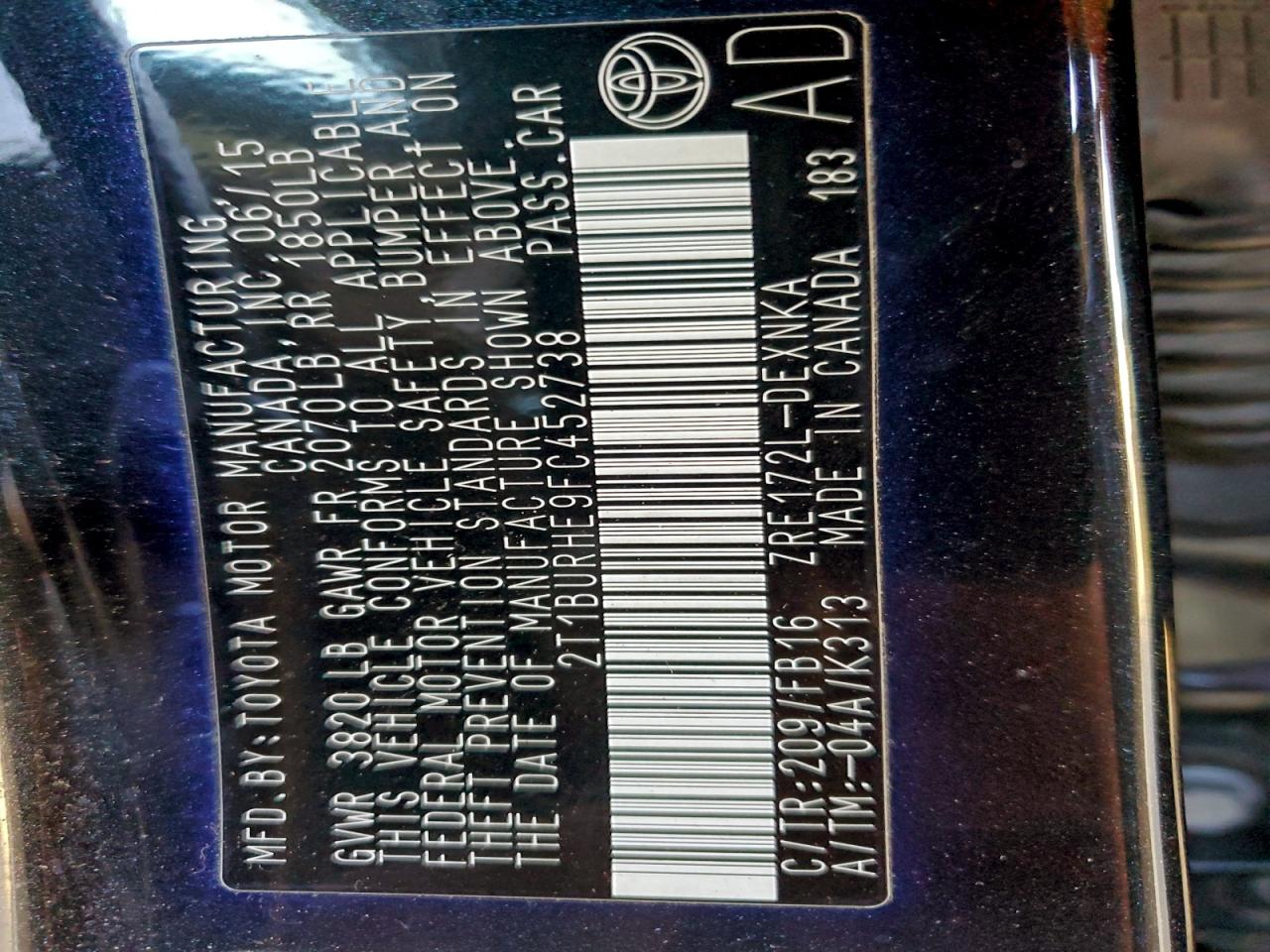 2015 Toyota Corolla L VIN: 2T1BURHE9FC452738 Lot: 94692845