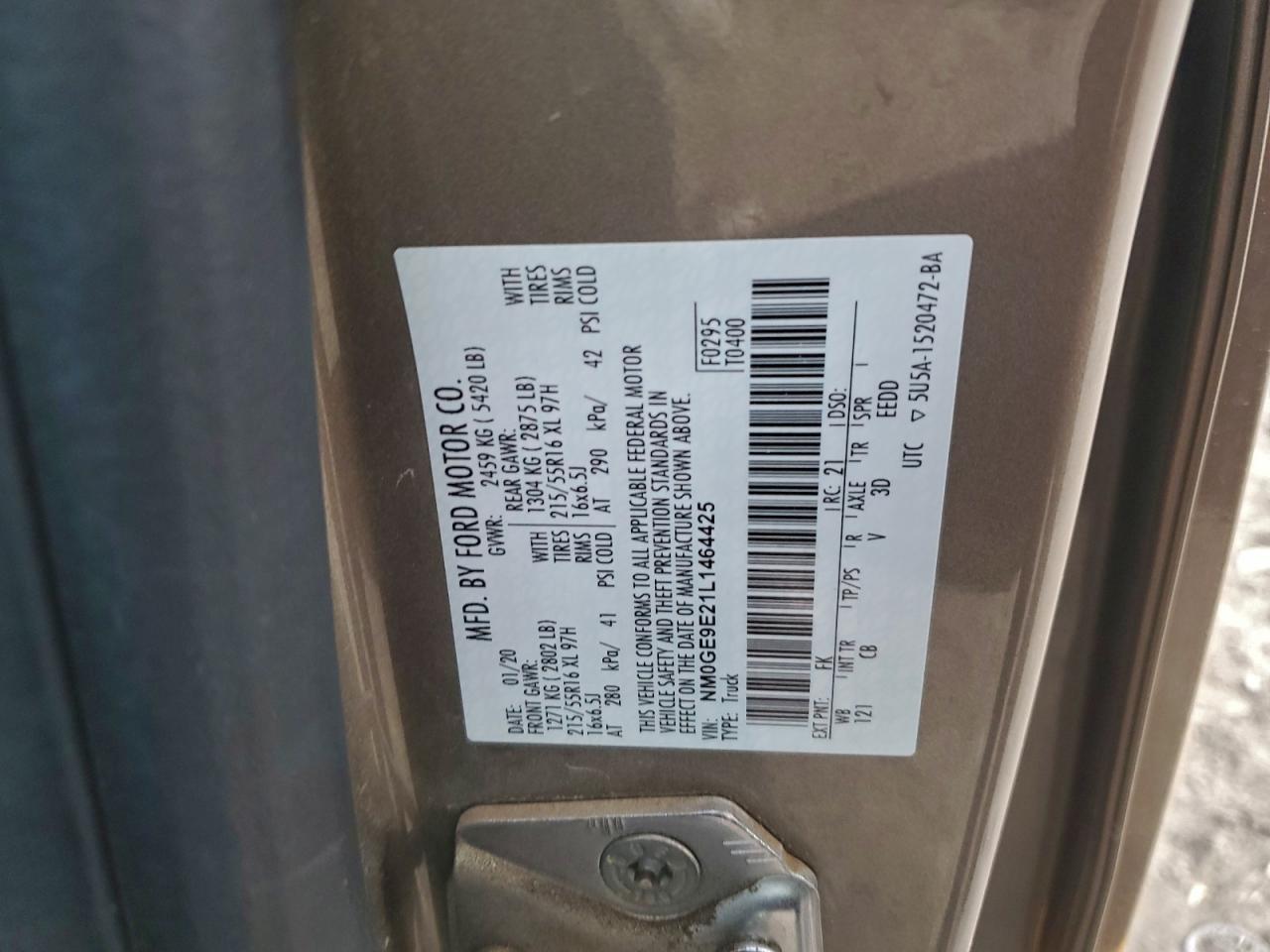 2020 Ford Transit Connect Xl VIN: NM0GE9E21L1464425 Lot: 95140315