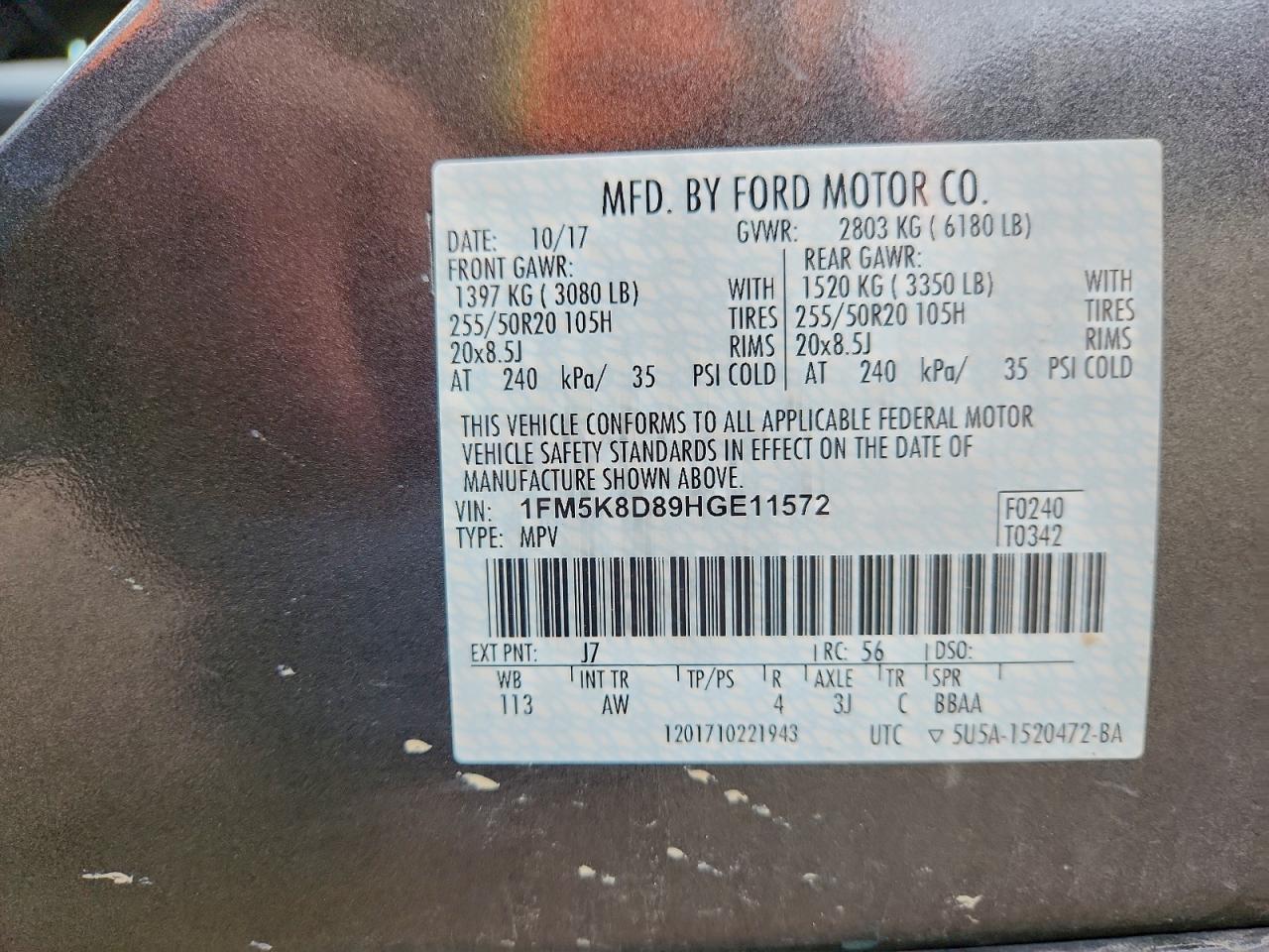 2017 Ford Explorer Xlt VIN: 1FM5K8D89HGE11572 Lot: 94943335