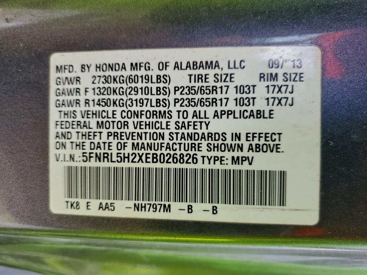 2014 Honda Odyssey Lx VIN: 5FNRL5H2XEB026826 Lot: 95781395