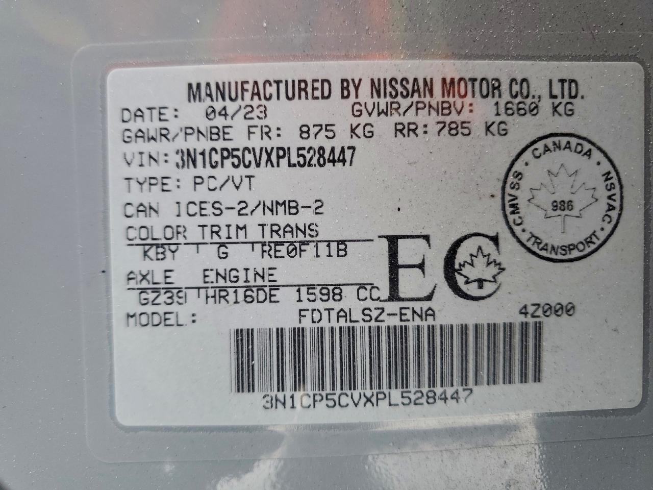 2023 Nissan Kicks Sv VIN: 3N1CP5CVXPL528447 Lot: 95113855