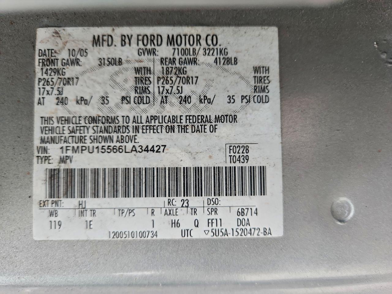 2006 Ford Expedition Xlt VIN: 1FMPU15566LA34427 Lot: 94080455