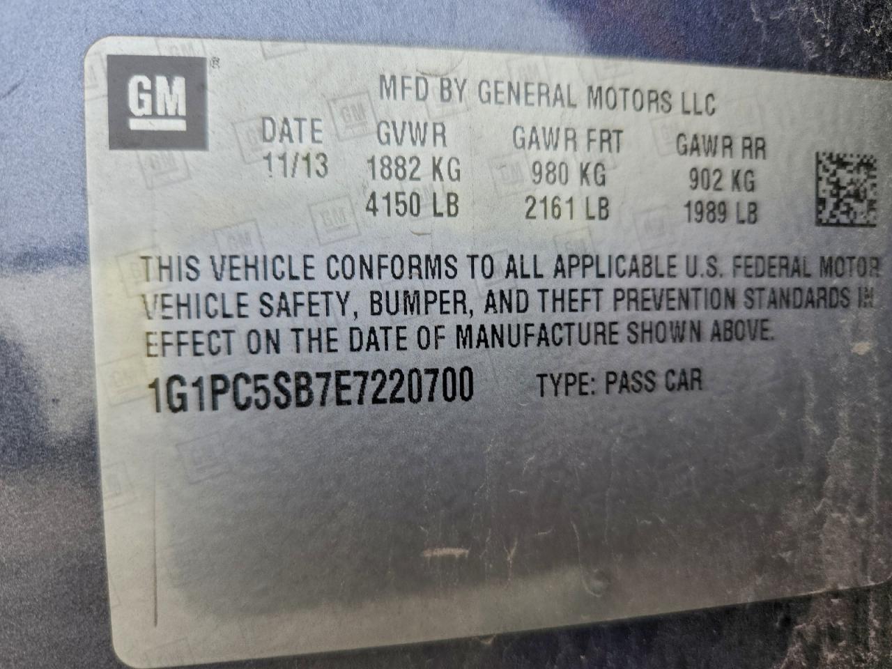 2014 Chevrolet Cruze Lt VIN: 1G1PC5SB7E7220700 Lot: 94995465