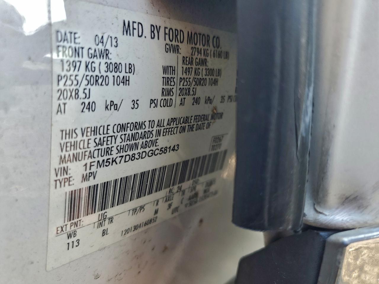 2013 Ford Explorer Xlt VIN: 1FM5K7D83DGC58143 Lot: 95135065