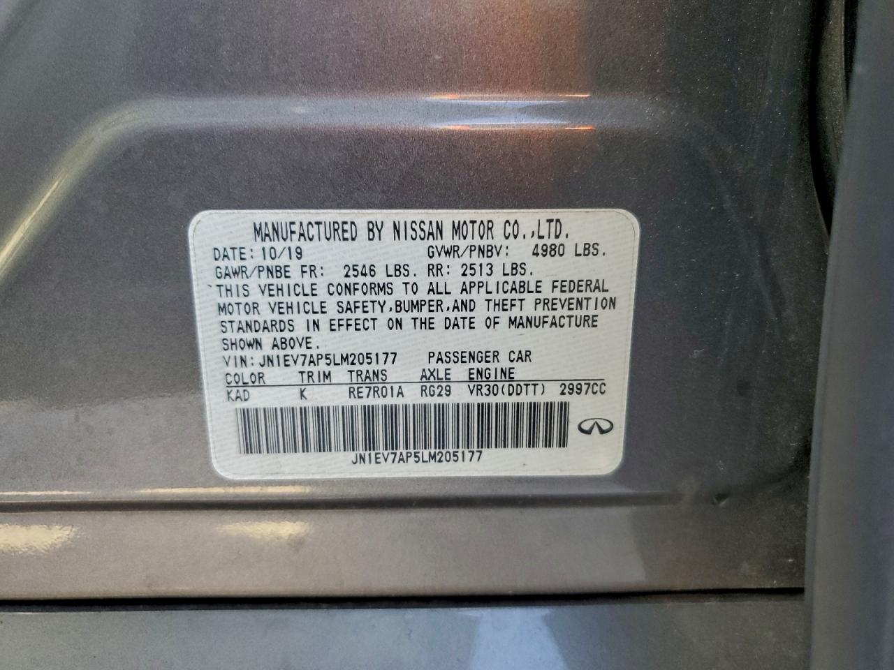 2020 Infiniti Q50 Pure VIN: JN1EV7AP5LM205177 Lot: 95888265