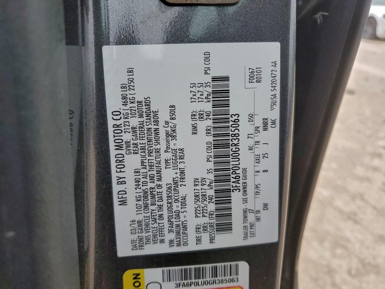 2016 Ford Fusion Se Hybrid VIN: 3FA6P0LU0GR385063 Lot: 94727995