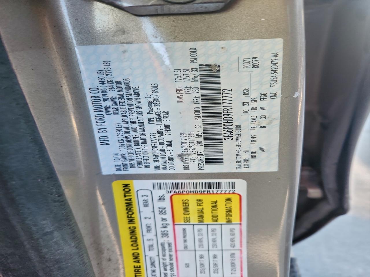 2015 Ford Fusion Se VIN: 3FA6P0HD9FR177772 Lot: 96272835