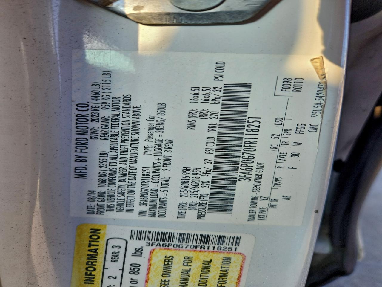 2015 Ford Fusion S VIN: 3FA6P0G70FR118251 Lot: 95202685