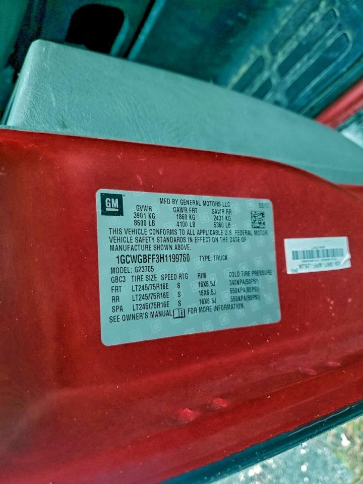 2017 Chevrolet Express 2500 Delivery Van VIN: 1GCWGBFF3H1199760 Lot: 94935635