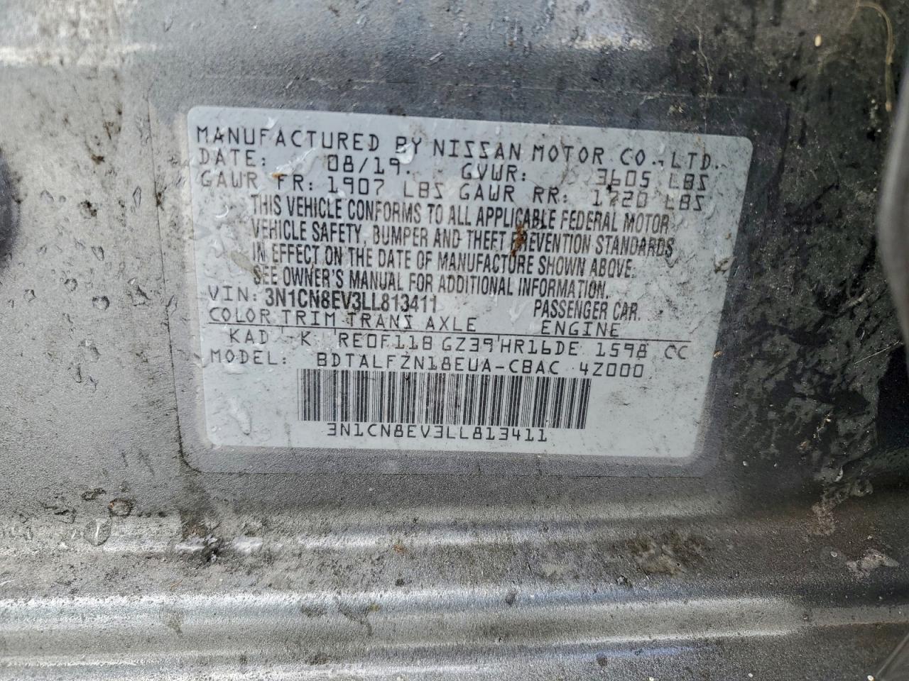 2020 Nissan Versa Sv VIN: 3N1CN8EV3LL813411 Lot: 95967005