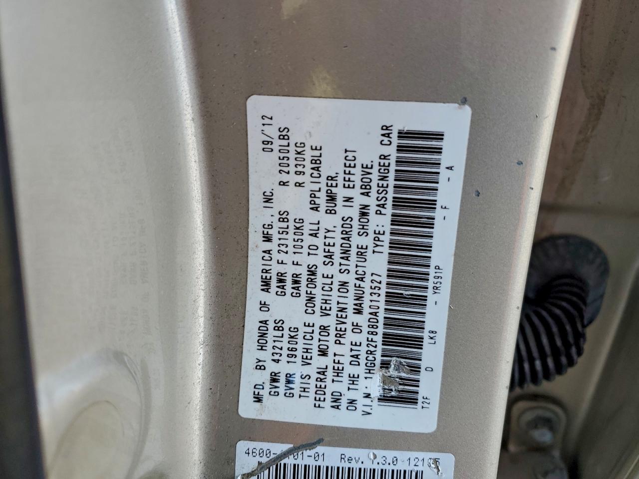 2013 Honda Accord Exl VIN: 1HGCR2F88DA013527 Lot: 94308655