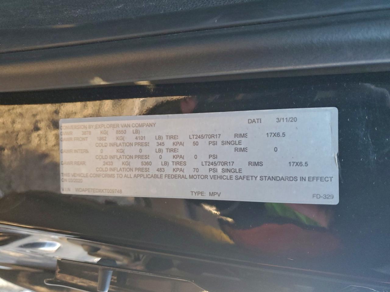 2019 Mercedes-Benz Sprinter 1500/2500 VIN: WDAPE7EDXKT009748 Lot: 95489695