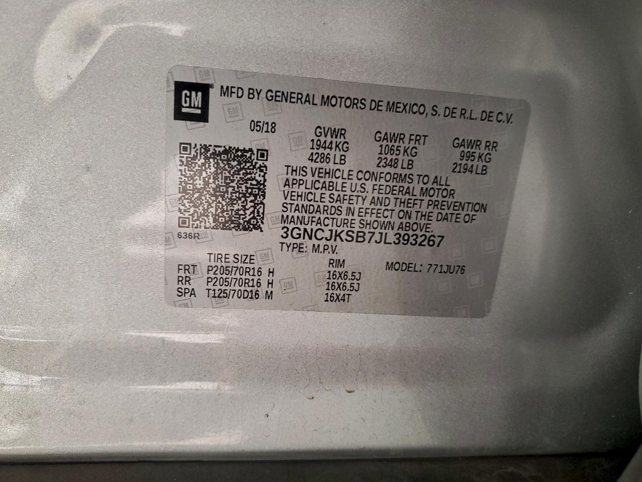 2018 Chevrolet Trax Ls VIN: 3GNCJKSB7JL393267 Lot: 94880755