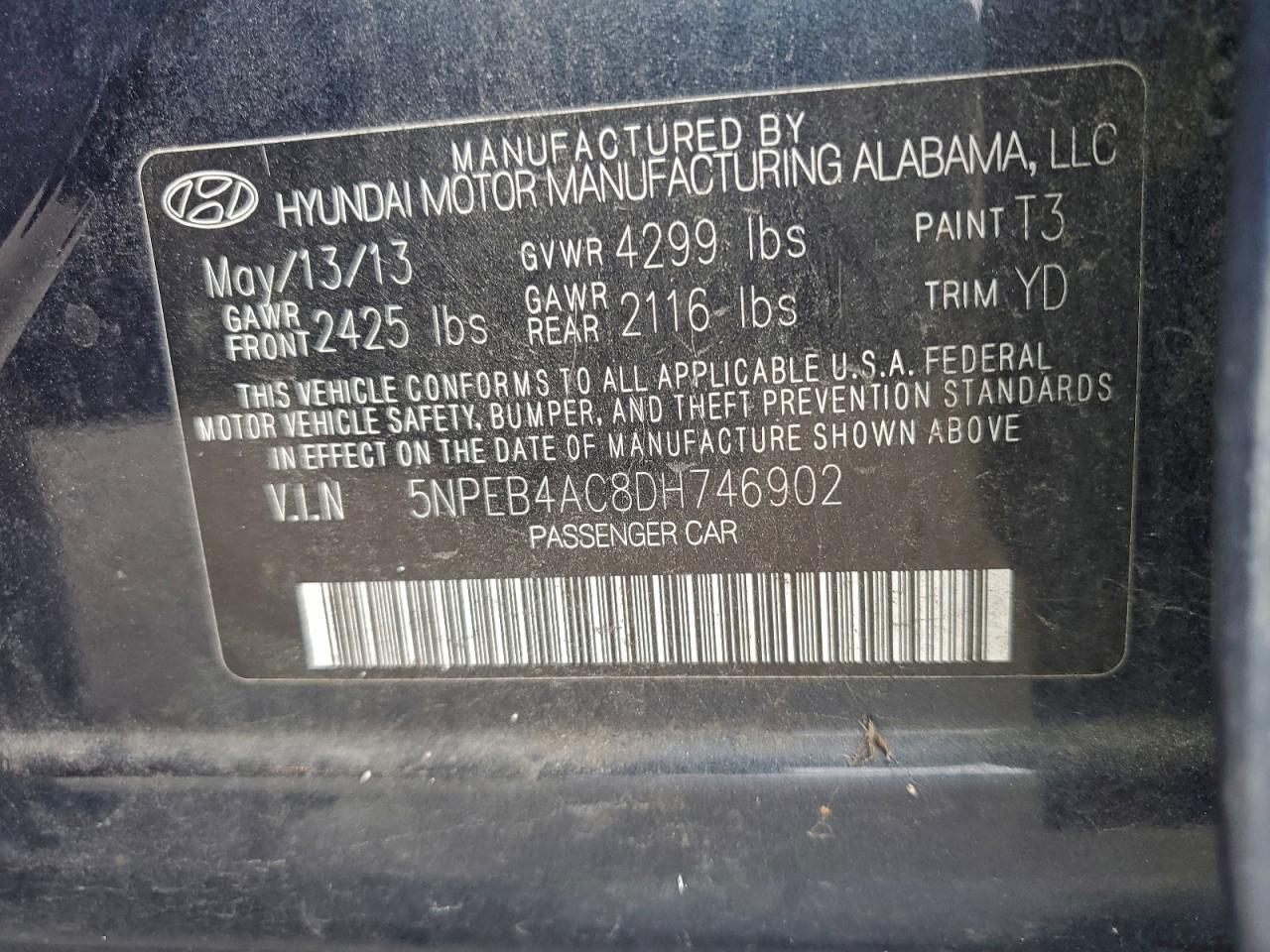 2013 Hyundai Sonata Gls VIN: 5NPEB4AC8DH746902 Lot: 94500385