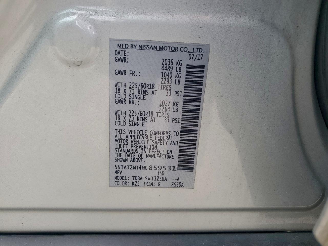 2017 Nissan Rogue S VIN: 5N1AT2MT4HC859531 Lot: 94392525