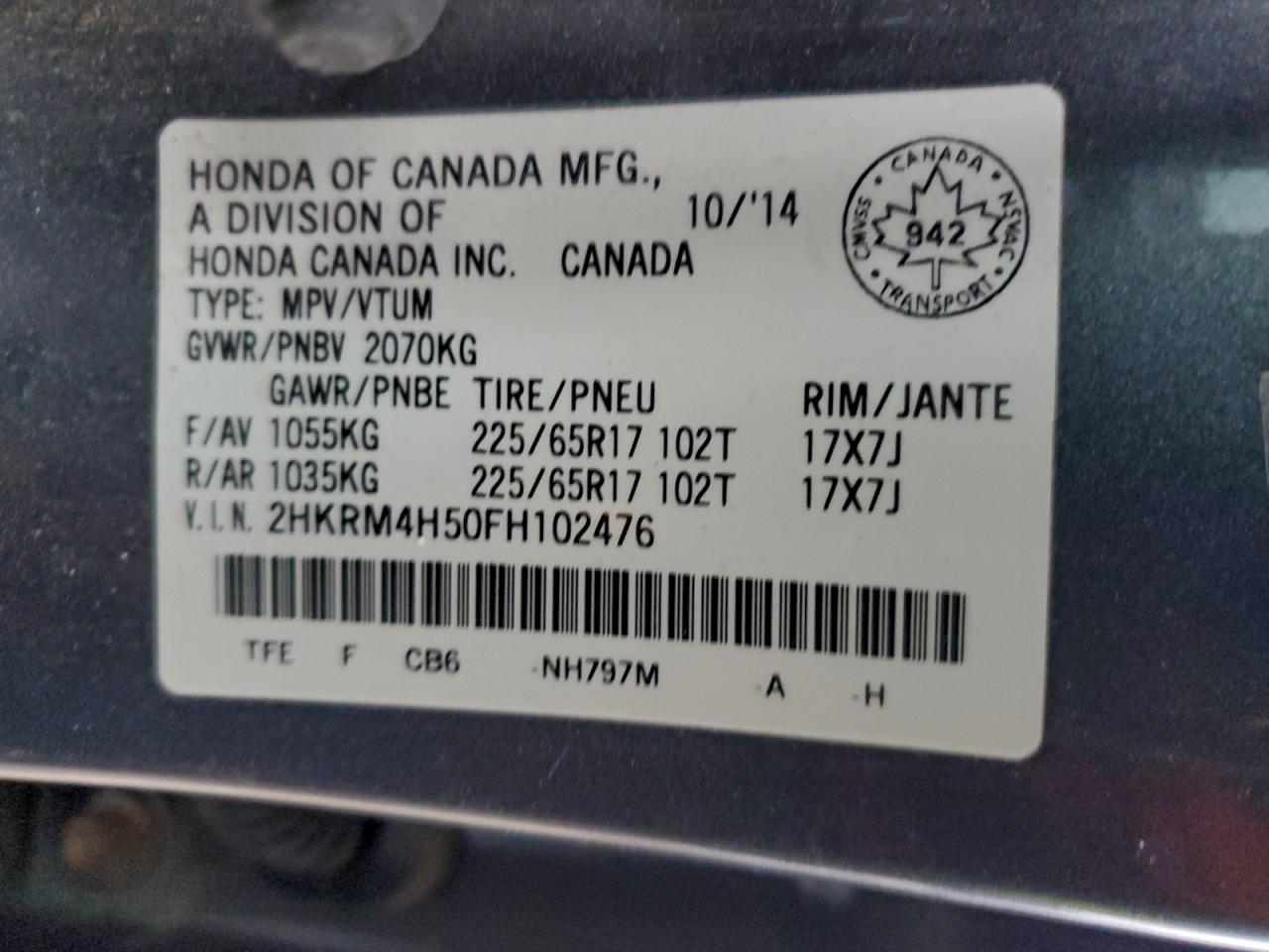 2015 Honda Cr-V Ex VIN: 2HKRM4H50FH102476 Lot: 95268485