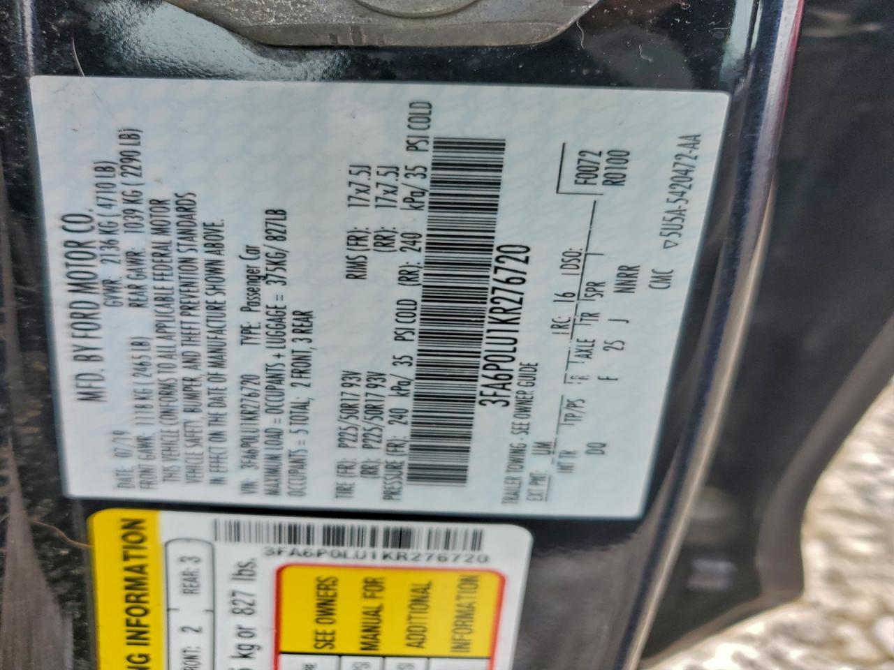 2019 Ford Fusion Se VIN: 3FA6P0LU1KR276720 Lot: 94791065