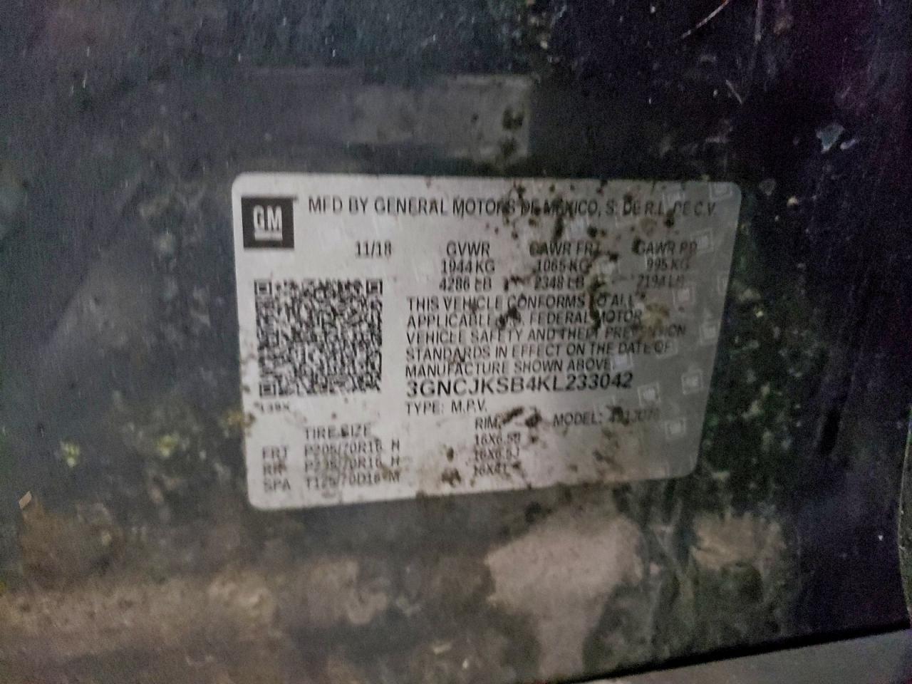 2019 Chevrolet Trax Ls VIN: 3GNCJKSB4KL233042 Lot: 95171005