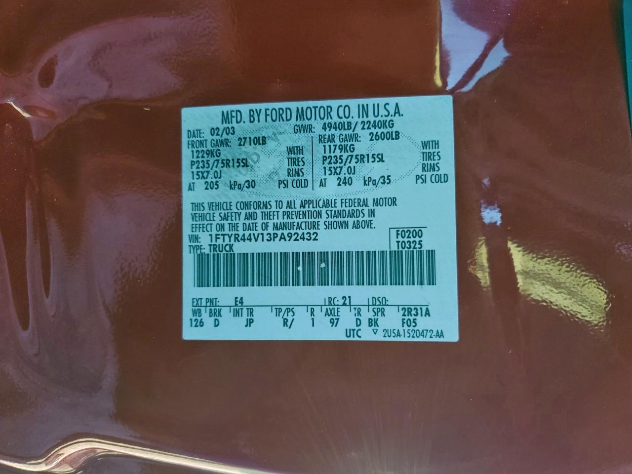 2003 Ford Ranger Super Cab VIN: 1FTYR44V13PA92432 Lot: 97232685