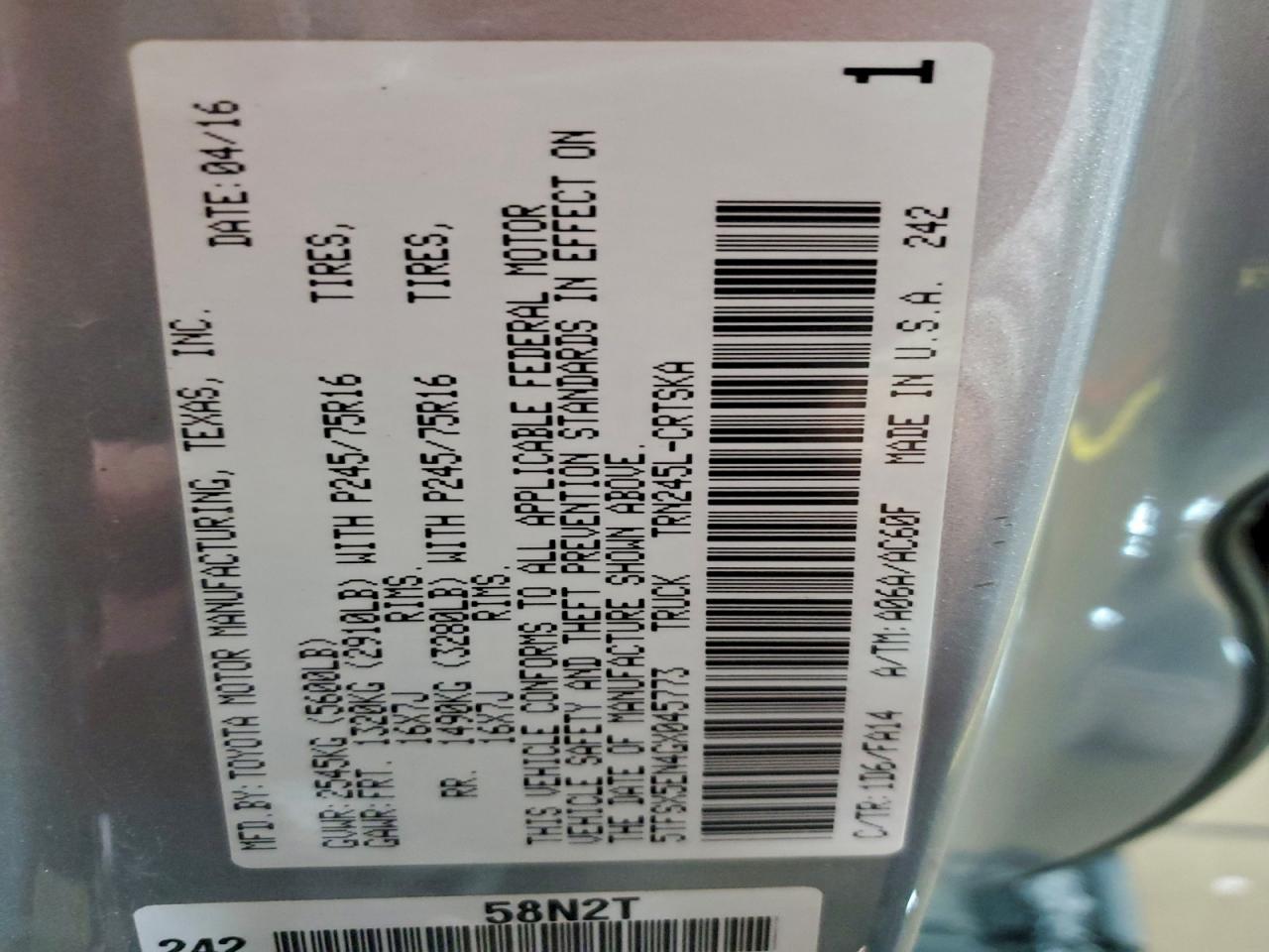 2016 Toyota Tacoma Access Cab VIN: 5TFSX5EN4GX045773 Lot: 94675385