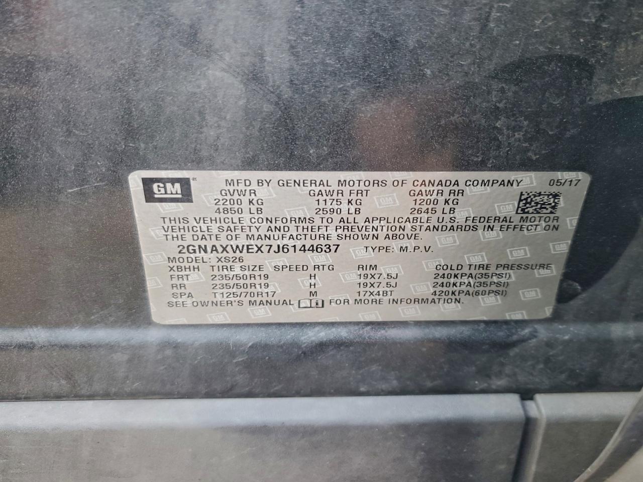 2018 Chevrolet Equinox Premier VIN: 2GNAXWEX7J6144637 Lot: 95050105