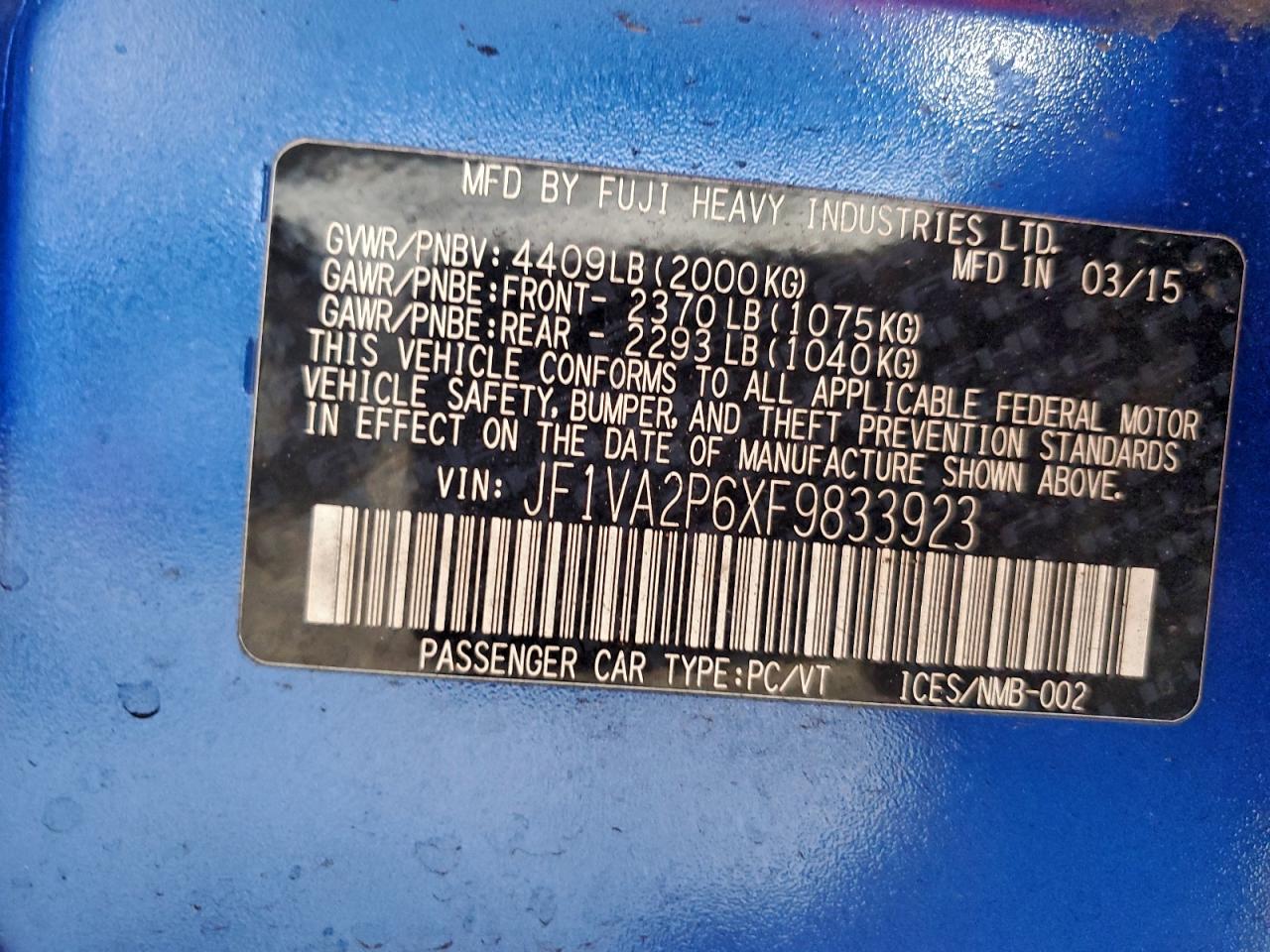 2015 Subaru Wrx Sti VIN: JF1VA2P6XF9833923 Lot: 96201465