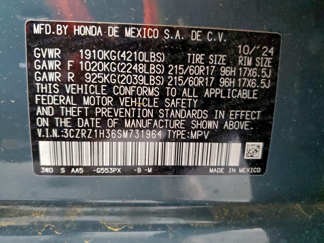 2025 Honda Hr-V Lx VIN: 3CZRZ1H36SM731964 Lot: 94741255