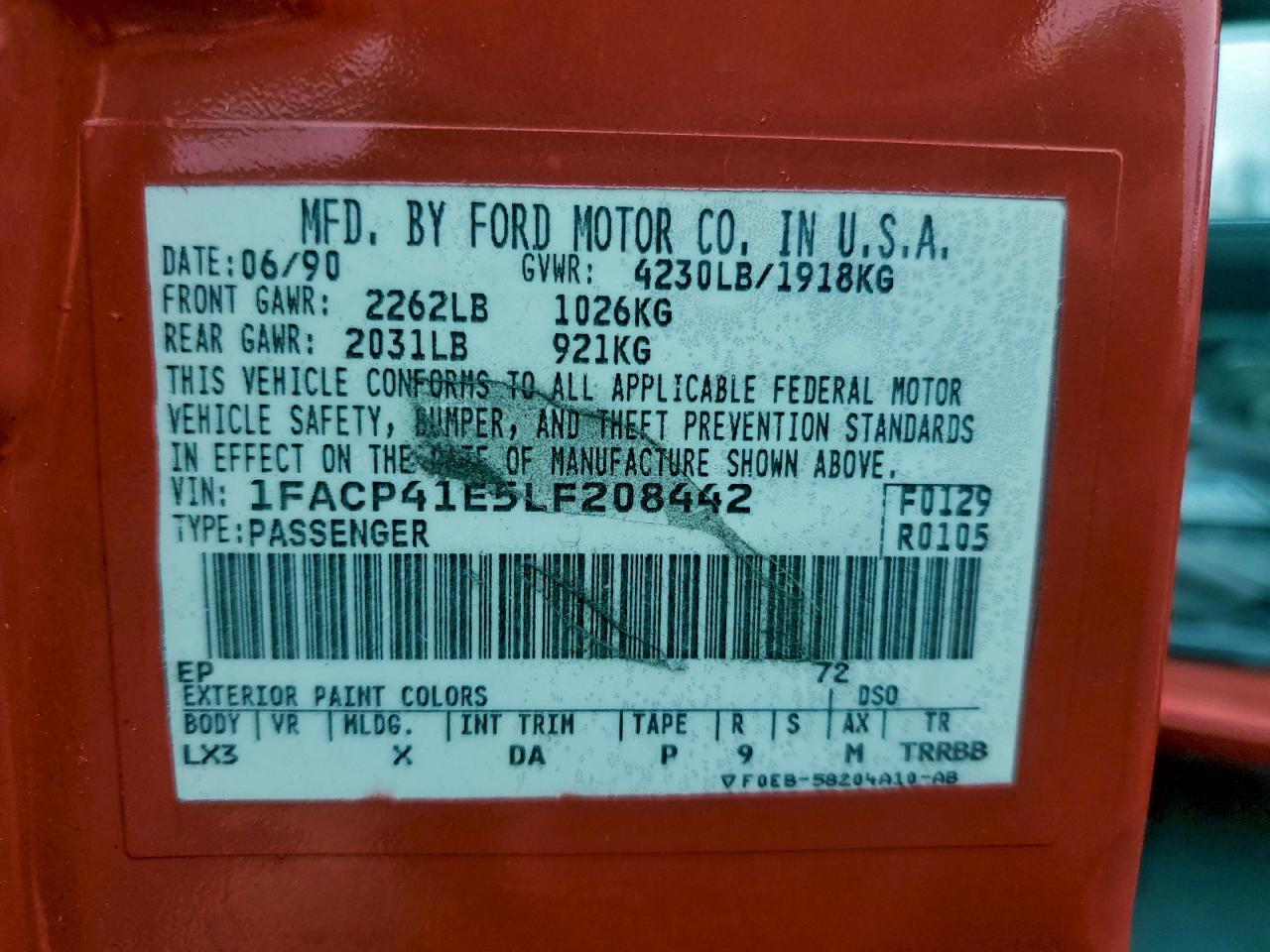 1990 Ford Mustang Lx VIN: 1FACP41E5LF208442 Lot: 96795575