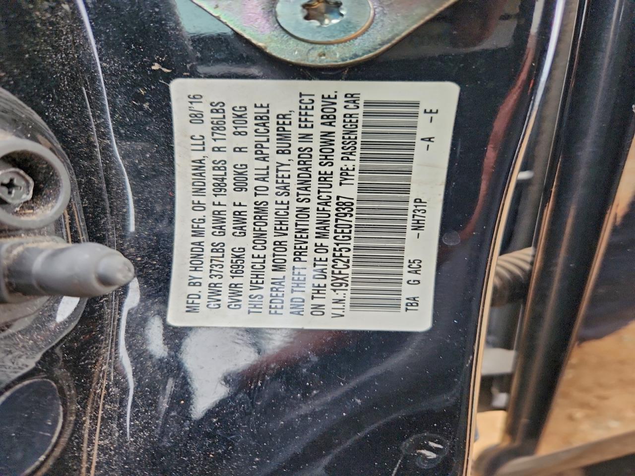 2016 Honda Civic Lx VIN: 19XFC2F51GE079387 Lot: 95092655