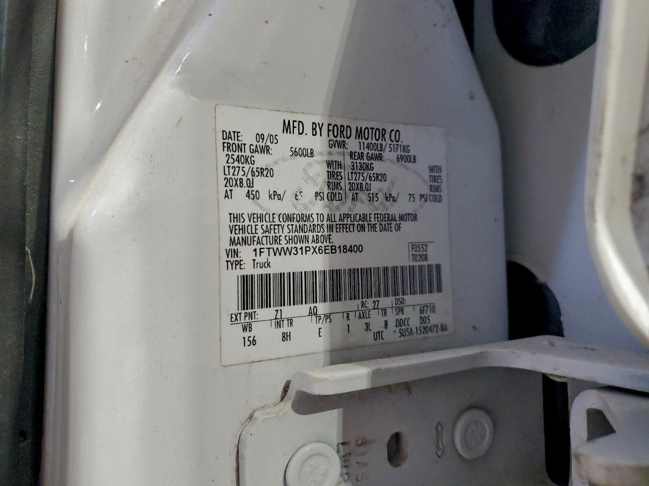 2006 Ford F350 Srw Super Duty VIN: 1FTWW31PX6EB18400 Lot: 91110075