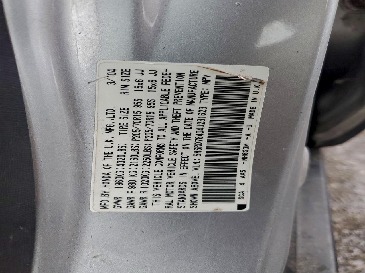 2004 Honda Cr-V Lx VIN: SHSRD78404U231623 Lot: 95157795