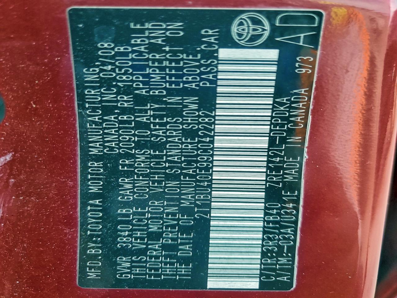 2009 Toyota Corolla Base VIN: 2T1BU40E99C042282 Lot: 92766915