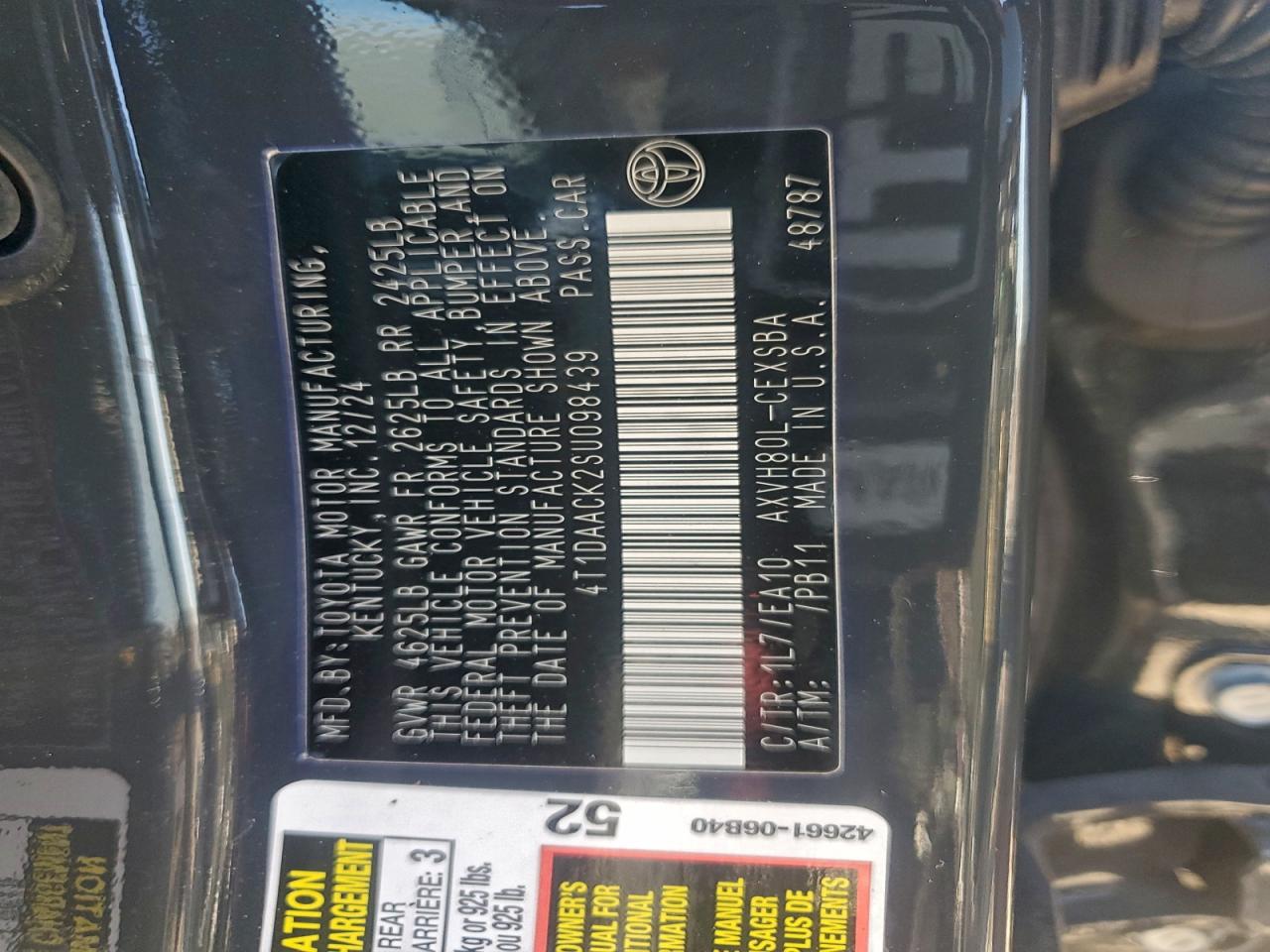 2025 Toyota Camry Xse VIN: 4T1DAACK2SU098439 Lot: 95783085