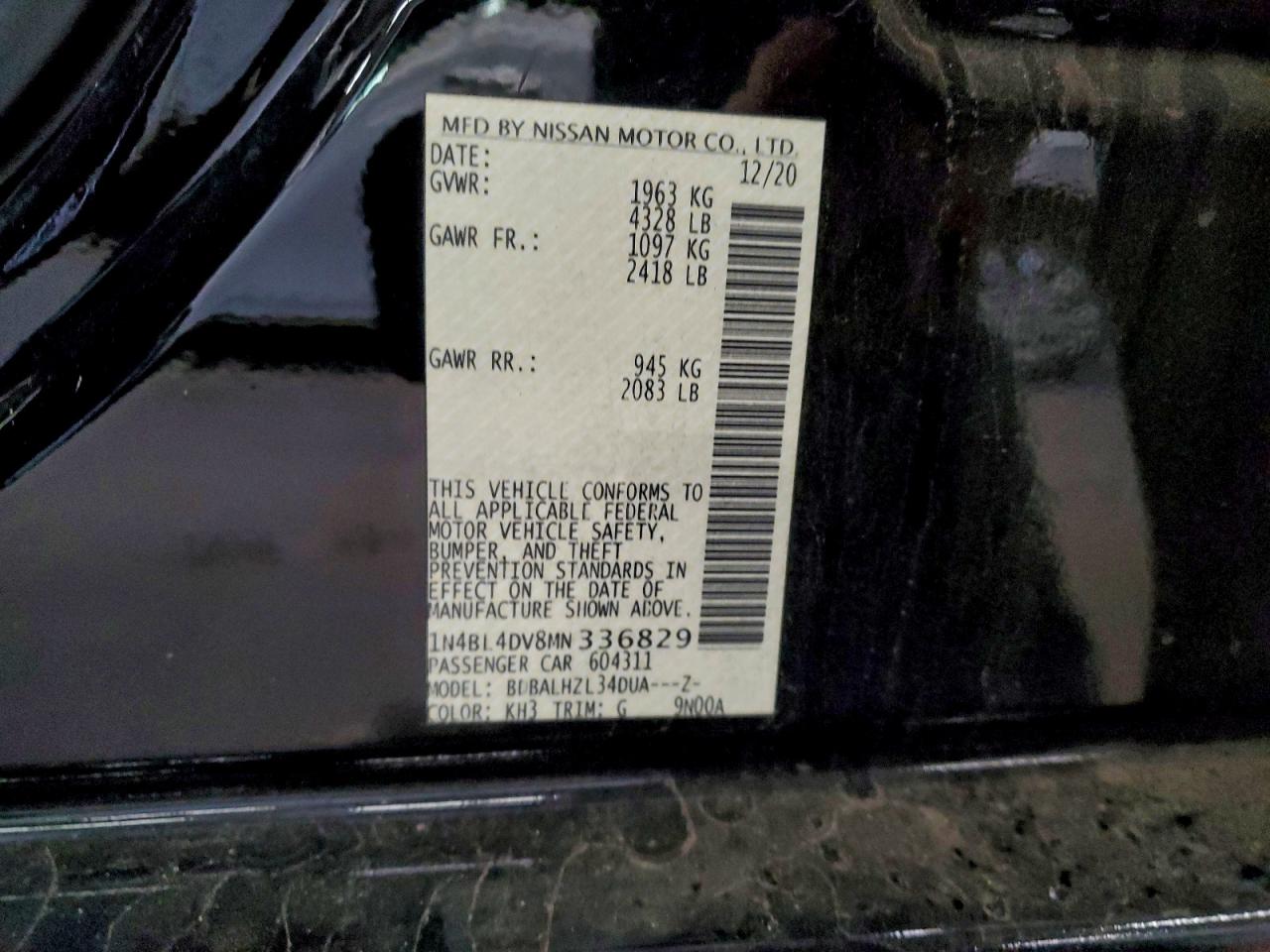 2021 Nissan Altima Sv VIN: 1N4BL4DV8MN336829 Lot: 95756035