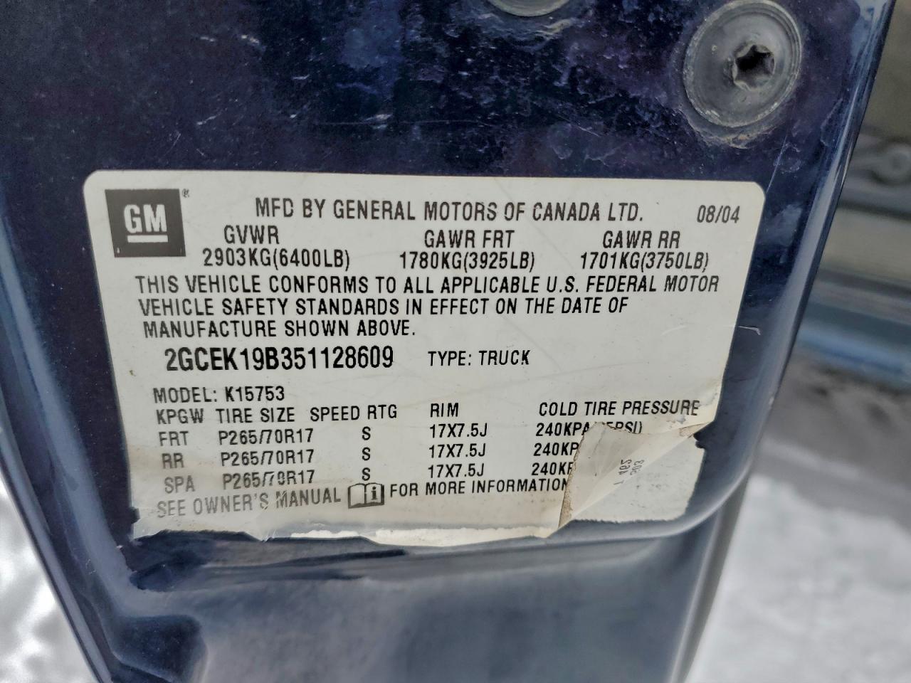 2005 Chevrolet Silverado K1500 VIN: 2GCEK19B351128609 Lot: 94080965