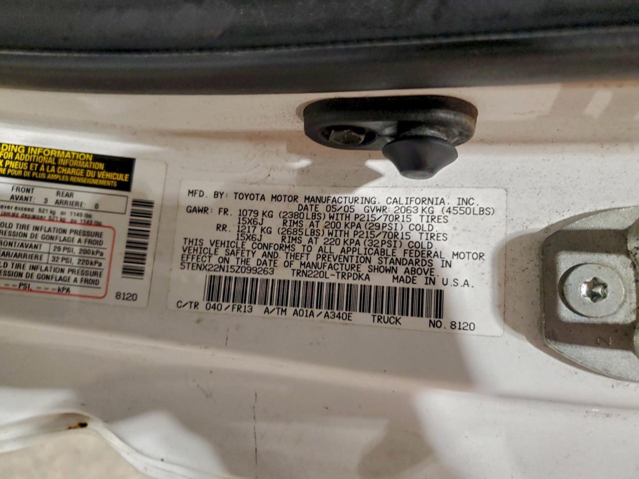 2005 Toyota Tacoma VIN: 5TENX22N15Z099263 Lot: 96119385