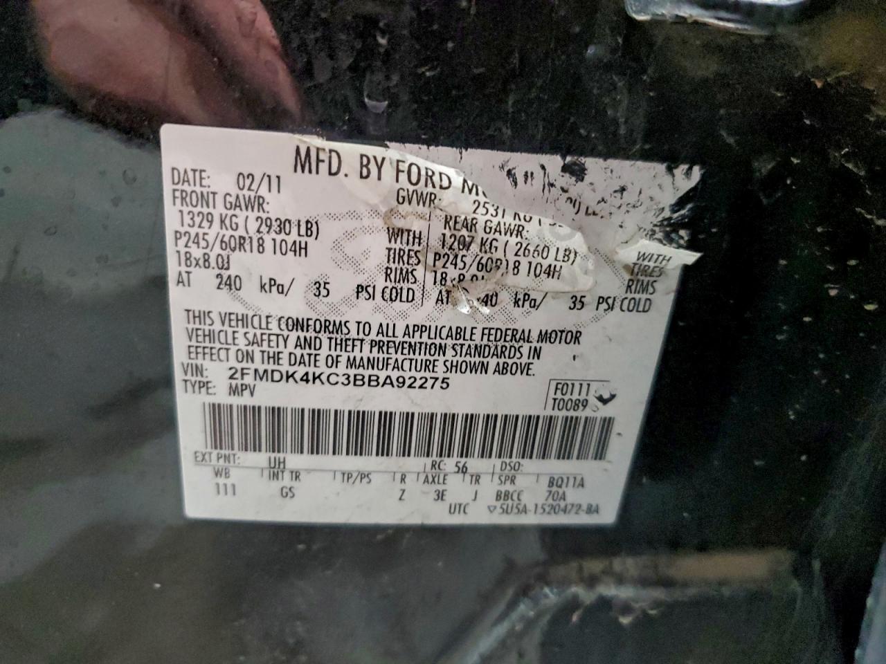 2011 Ford Edge Limited VIN: 2FMDK4KC3BBA92275 Lot: 96008755