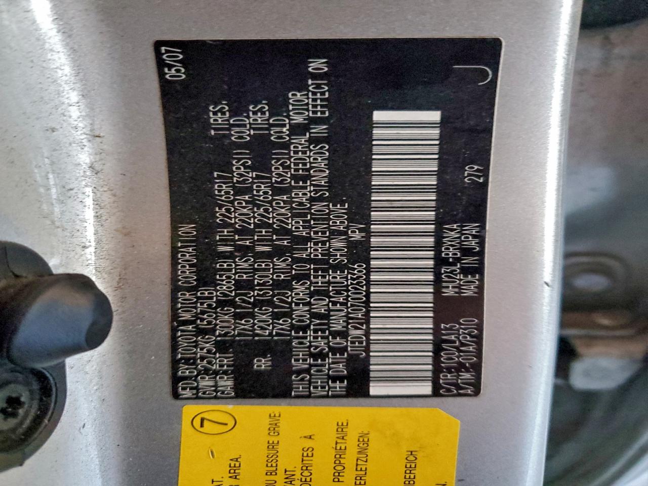 2007 Toyota Highlander Hybrid VIN: JTEDW21A070023366 Lot: 94972225