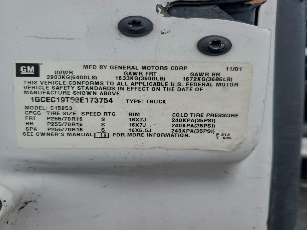 2002 Chevrolet Silverado C1500 VIN: 1GCEC19T62E173754 Lot: 96376895